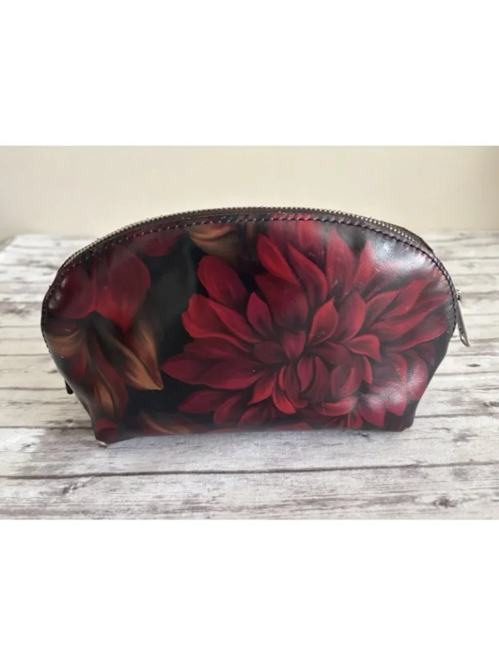 Patricia Nash Leather Rustic Mums Capriana Zip Cosmetic Bag Suede Interior